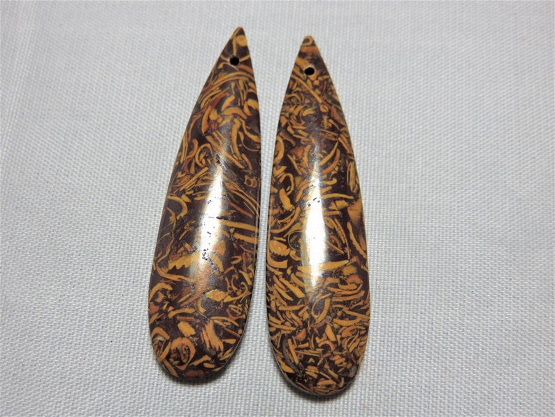 Natural Smooth Brown Leaf Jasper Long Drops 13x47mm One Pair
