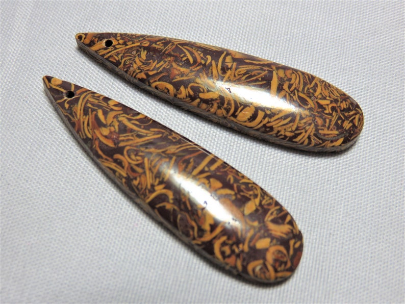 Natural Smooth Brown Leaf Jasper Long Drops 13x47mm One Pair