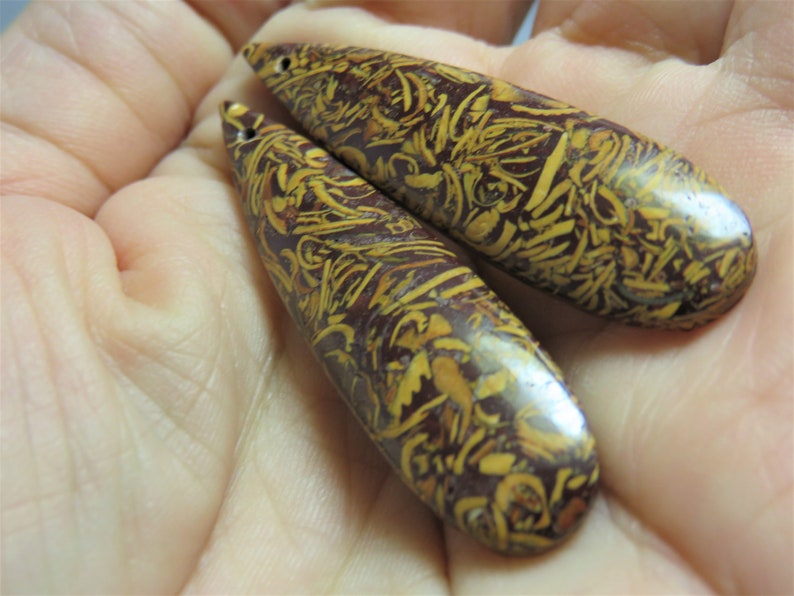 Natural Smooth Brown Leaf Jasper Long Drops 13x47mm One Pair