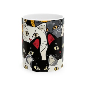 Cat Lover's Ceramic Mug, Cute Cat Gift, Coffee Cup for Cat Mug, Black Cat Mug , Kitten Artwork Mug