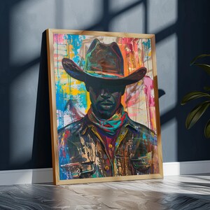 Puede incluir: Una pintura de una persona que lleva un sombrero de vaquero marr&oacute;n sobre un fondo colorido. La persona lleva una chaqueta marr&oacute;n y un pa&ntilde;uelo azul. La pintura est&aacute; realizada en un estilo audaz y abstracto.