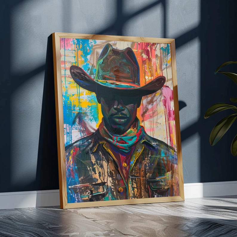 Puede incluir: Una pintura de una persona que lleva un sombrero de vaquero marr&oacute;n sobre un fondo colorido. La persona lleva una chaqueta marr&oacute;n y un pa&ntilde;uelo azul. La pintura est&aacute; realizada en un estilo audaz y abstracto.