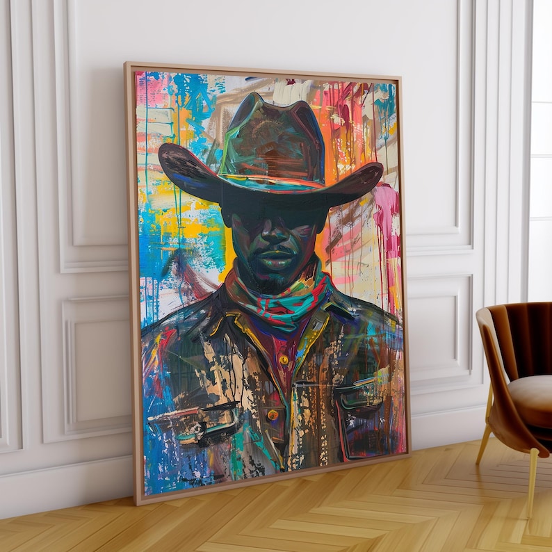 Puede incluir: Una pintura abstracta colorida de una persona con un sombrero de vaquero marr&oacute;n. El fondo es una mezcla de colores brillantes, incluyendo azul, amarillo, rojo y verde.