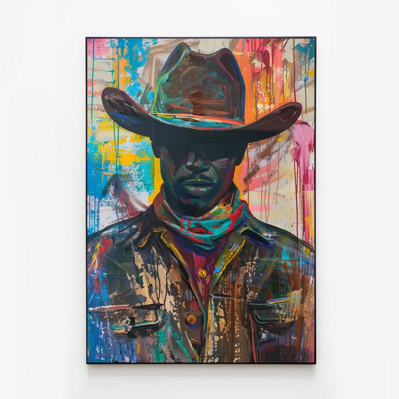 Puede incluir: Una pintura de una persona que lleva un sombrero de vaquero marr&oacute;n y una chaqueta azul y marr&oacute;n. El fondo es un dise&ntilde;o abstracto colorido.
