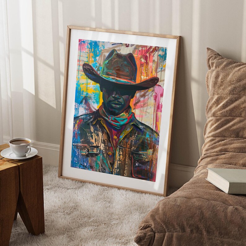 Puede incluir: Una pintura abstracta colorida de una persona con un sombrero de vaquero. El fondo es una mezcla de colores brillantes, incluyendo amarillo, azul, rojo y verde. El rostro de la persona est&aacute; oculto por el sombrero, pero sus ojos son visibles. La pintura est&aacute; enmarcada en un marco de madera.
