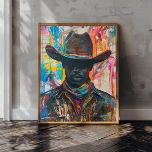 Puede incluir: Una pintura abstracta colorida de una persona con un sombrero de vaquero. El fondo es una mezcla de colores brillantes, incluyendo amarillo, azul, rojo y verde. La cara de la persona est&aacute; parcialmente oscurecida por el sombrero, pero sus ojos son visibles. La pintura est&aacute; hecha en un estilo audaz y expresivo.