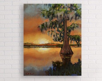 Sunset Cypress, Bayou, Marshland,  Print of Art - unframed,  bayou scene, Louisiana Landscape, New Orleans artist, swampland, wall art