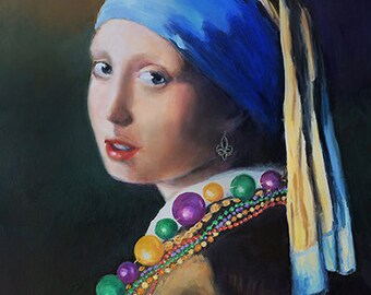 PRINT from Painting, Canvas, Nola, Mardi Gras, Inspired by Johannes Vermeer, Original Louisiana Art New Orleans Art, personally gifted, arte