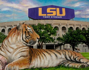 PRINT of painting - football - Louisiana State University - LSU  Tiger Stadium - Giclee fine art - gift for him - husband gift - guys
