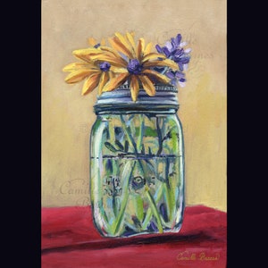 Mason Jar of flowers - Original Painting - small - Flower Art - Realism art. floral art - antique jar - Great gift item. framed - mom gift