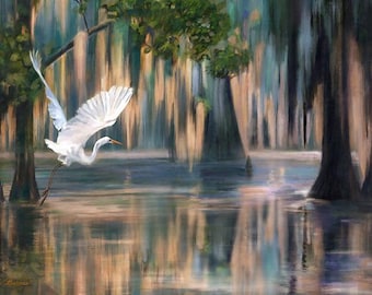 Stampa Louisiana Bayou – Airone in una scena di palude, New Orleans Art