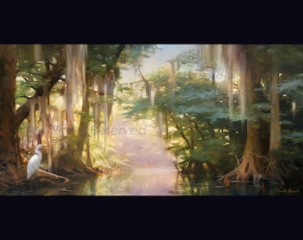 PRINTS: Panoramic After the Rain, Egretm bayou, arte, Marshland, Canvas, Printful gifts, Landscape, Artful art gift, Wallart, presente