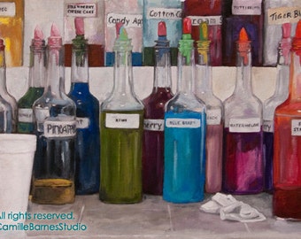 AFDRUKKEN op canvas van origineel schilderij - flessen sneeuwbalsiroop, kunst Louisiana - Nola - levensstijl New Orleans - zomer - kleurrijk