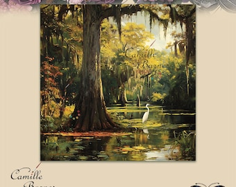 PRINTS Golden Light,Southern Stillness swamp land landscape egret southern living wall art Tree Print Wall Decor Home office hospital