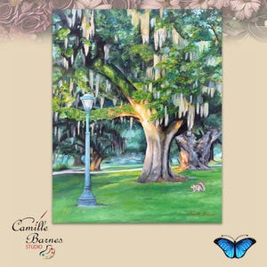 PRINT of painting &quot;Glow Oak at Sunset&quot;  Nola Landscape live oak tree spanish moss City Park New Orleans Lamp Light southern nature realism
