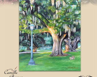 IMPRESIÓN de la pintura "Roble resplandeciente al atardecer" Nola Paisaje roble vivo musgo español Parque de la ciudad Nueva Orleans Lámpara Luz naturaleza sureña realismo
