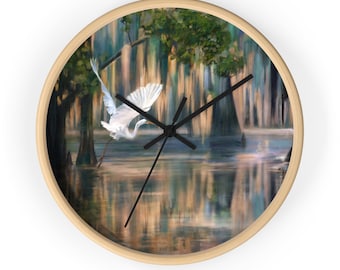 Louisiana Dreaming Wall Clock - Marshland, egret, bayou scene, Landscape, bald cypress trees, swampland, personally gifted
