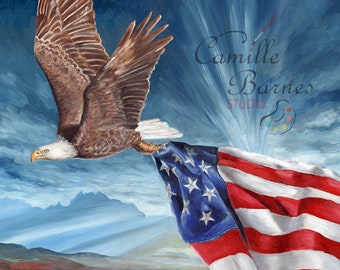 Patriotic Wall art, Original Painting Eagle and Flag, American Bald Eagle & Flag, - USA wall decor - art makes great gifts