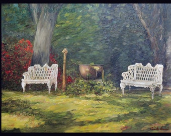 May include: A painting of a garden scene with two white wrought iron benches, a large pot, and a wooden post. The benches are facing each other and are surrounded by green grass and trees. The painting is signed by the artist, Camille Barnes.