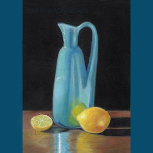 Blaue Vase und Zitrone -Original Ölgemälde, 18 x 12 cm Öl auf Leinwand - Realismus Kunst. Wanddekoration, Küchenkunst, Kunstsammler, Museumsqualität