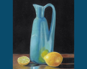 Niebieski wazon i cytryna - oryginalny obraz olejny, 7" x 5" Olej na płótnie - Sztuka realizmu. Dekoracja ścienna, sztuka ścienna do kuchni, jakość muzealna dla kolekcjonerów sztuki