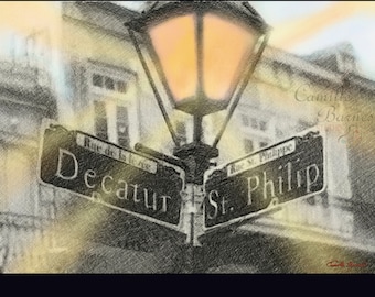 Street Signs - Prints from Drawing - Nola landscape, street Canvas / paper Prints, Wall Decor, New Orleans French quarter city scape