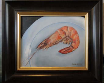 Shrimp on a plate Painting, original oil 8" x 10" Framed, Louisiana, Realism art. Best Etsy shop for fine art & prints. Nola wall art