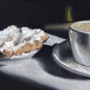 ORIGINELE beignets en CDM (cafe du Monde) koffieolie op paneel, Nola schilderij - Frans kwart - ingelijst 6 x 6 New Orleans kunst, ingelijst,