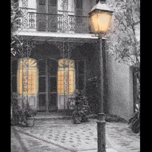 Noche en el patio, paisaje de Nola, lienzo callejero / impresiones de papel, decoración de paredes, bellas artes, paisaje de la ciudad del barrio francés de Nueva Orleans