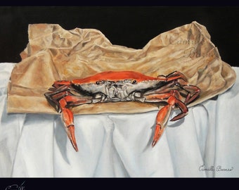 PRINT from painting, Feeling Crabby,  food art great  - dining area. Louisiana themed, Southern - New Orleans artist, Crab print, wall decor