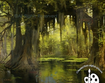 May include: A painting of a swamp scene with tall trees and hanging moss. The water is still and reflects the green trees. The painting is signed "Camille Barnes Studio" and includes the text "All Rights Reserved".