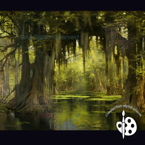 PRINTS: "Fifty Shades of Green" Marshland, Canvas, unframed,  bayou scene, Landscape, Artful art gift, swampland art, presente, gifte. swamp