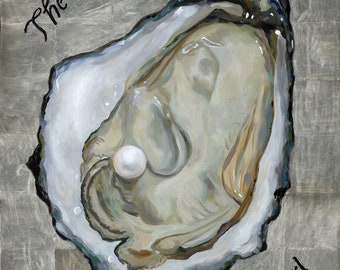 Print of Painting -OYSTER still life with silver - New Orleans, Seafood Art, The World is my Oyster,  Louisiana, Realism art Nola