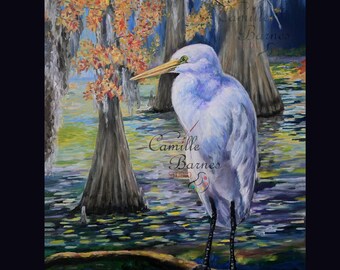 Impresión en lienzo, decoración de pared, garceta de pantano, escena de pantano, impresiones artísticas en papel, arte de Nueva Orleans y Luisiana, artista de Nueva Orleans. Otoño colorido.