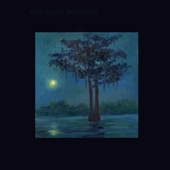 Moon Light Cypress Bayou, Marsh Land, Original Oil Painting 6 X 6