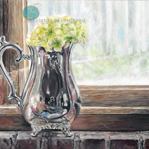 PRINT of painting, Silver Pitcher, antique, old brick, still life art, handmade Custom artwork Realism Giclee art print