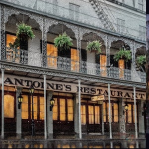 IMPRESIONES -Restaurante Antoines - Paisaje de Nola, Impresiones de lienzo, Decoración de paredes, Bellas artes, Paisaje de la ciudad del barrio francés de Nueva Orleans / Artista de Luisiana
