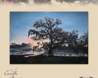 IMPRESIÓN de la pintura "Bayou Liberty Sunrise" Paisaje con roble vivo, musgo español, parque, Nueva Orleans, naturaleza sureña, realismo, arte natural - regalo