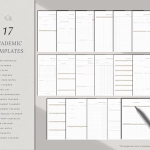 May include: A digital planner set featuring 17 academic templates with beige tabs. The text reads 17 ACADEMIC TEMPLATES followed by a list including Course Materials, Goal Planner, Study Plan, Study Tracker, Essay Prep Notes, and Essay Planner.