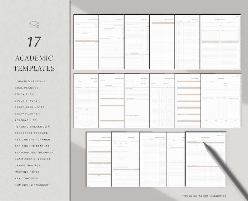 May include: A digital planner set featuring 17 academic templates with beige tabs. The text reads 17 ACADEMIC TEMPLATES followed by a list including Course Materials, Goal Planner, Study Plan, Study Tracker, Essay Prep Notes, and Essay Planner.