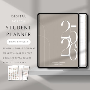 May include: Digital student planner for 2025-2026. The cover is a light brown color with the numbers "25 26" in white. The planner includes extra covers and stickers. The text on the image says "Minimal | Simple | Elegant".