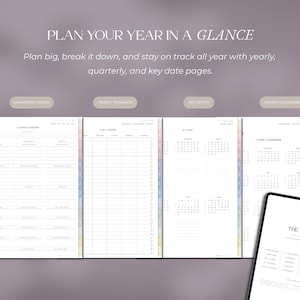 May include: A digital planner with the text "PLAN YOUR YEAR IN A GLANCE." The planner includes pages for quarterly, yearly, and key dates, with a yearly calendar and a page titled "THE YEAR of 2026."