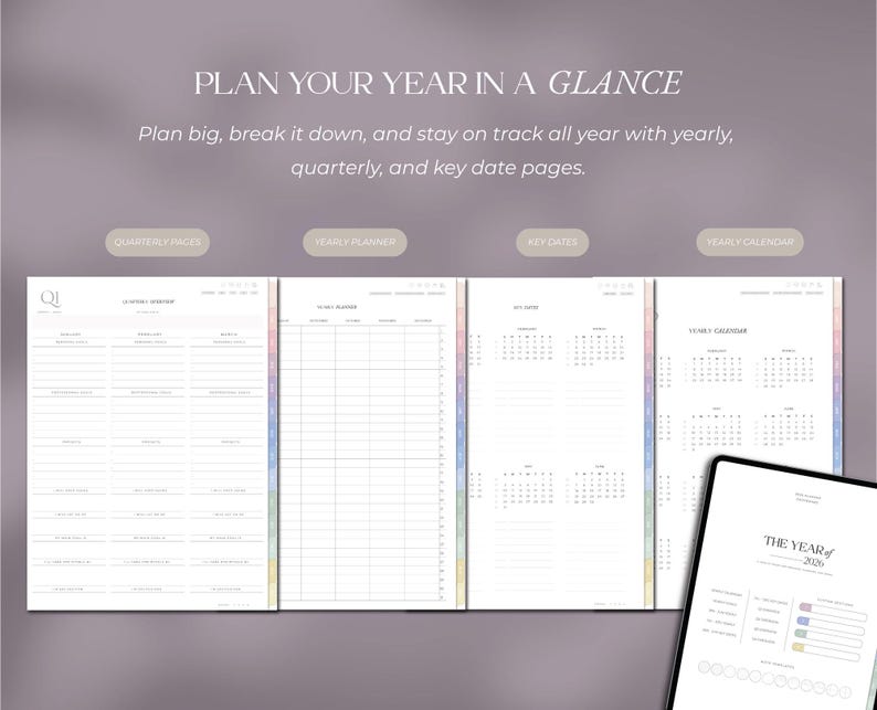 May include: A digital planner with the text "PLAN YOUR YEAR IN A GLANCE." The planner includes pages for quarterly, yearly, and key dates, with a yearly calendar and a page titled "THE YEAR of 2026."