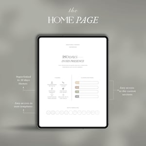 Pode incluir: Um tablet digital exibe um painel de controle de di&aacute;rio devocional com o texto "180 dias em Sua Presen&ccedil;a". A p&aacute;gina inclui se&ccedil;&otilde;es para temas, se&ccedil;&otilde;es personalizadas e modelos de notas. O tablet est&aacute; em um fundo neutro.