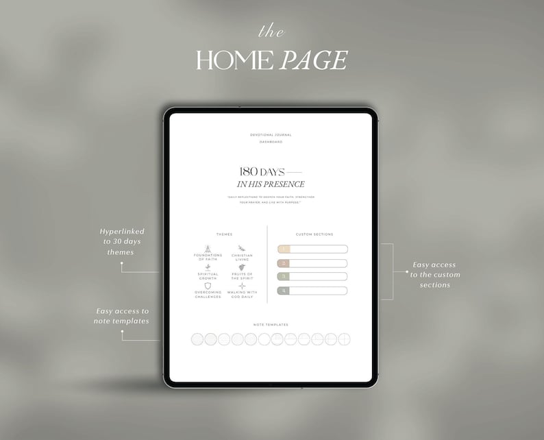 Pode incluir: Um tablet digital exibe um painel de controle de di&aacute;rio devocional com o texto "180 dias em Sua Presen&ccedil;a". A p&aacute;gina inclui se&ccedil;&otilde;es para temas, se&ccedil;&otilde;es personalizadas e modelos de notas. O tablet est&aacute; em um fundo neutro.