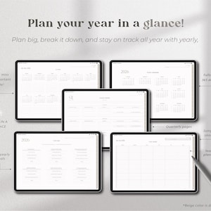 May include: A digital planner displayed on multiple tablets, showcasing yearly, quarterly, and daily planning pages. The text "Plan your year in a glance!" is at the top. Features include a 365-day calendar, yearly goals, and the ability to jump between yearly pages.