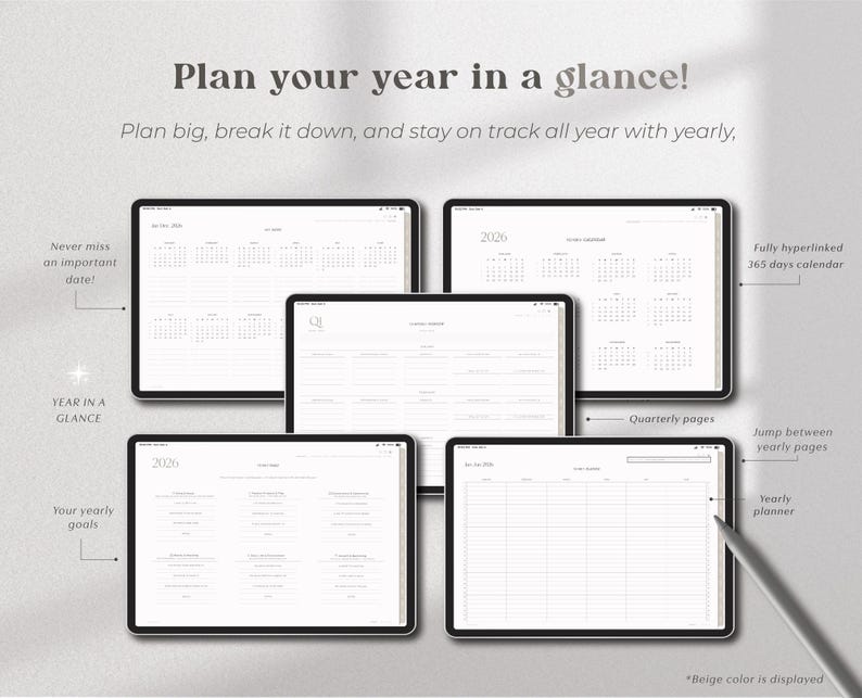 May include: A digital planner displayed on multiple tablets, showcasing yearly, quarterly, and daily planning pages. The text "Plan your year in a glance!" is at the top. Features include a 365-day calendar, yearly goals, and the ability to jump between yearly pages.