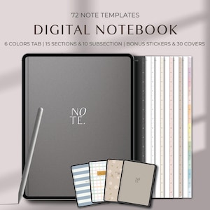 May include: A digital notebook with a gray cover and a stylus. The notebook includes 72 note templates, 6 color tabs, 15 sections, 10 subsections, bonus stickers, and 30 covers. The text "DIGITAL NOTEBOOK" is displayed at the top.