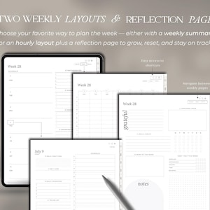 May include: A digital planner displayed on a tablet screen showing multiple weekly layouts and a reflection page. The interface includes text labels such as Week 28, July 9, Schedule, Top Priorities, Grateful, Daily Habits, and Notes, with a stylus pen.