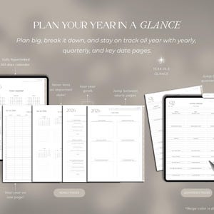 K&ouml;nnte beinhalten: Ein digitaler Planer mit dem Text "PLAN YOUR YEAR IN A GLANCE". Der Planer enth&auml;lt Jahres-, Quartals- und Schl&uuml;sseldatenseiten. Zu den Funktionen geh&ouml;ren ein 365-Tage-Kalender, Jahres- und Quartalsseiten. Ein Stift ist ebenfalls sichtbar.